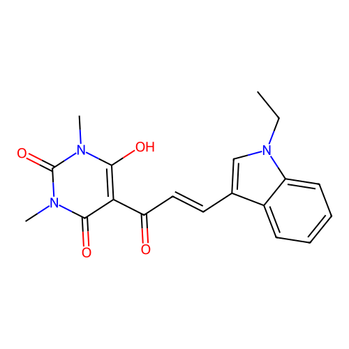 5-[(E)-3-(1-ethylindol-3-yl)prop-2-enoyl]-6-hydroxy-1,3-dimethylpyrimidine-2,4-dione structure