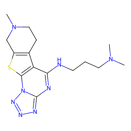 N,N-dimethyl-N'-(8-methyl-6,7,8,9-tetrahydropyrido[4',3':4,5]thieno[3,2-e]tetrazolo[1,5-a]pyrimidin-5-yl)propane-1,3-diamine structure