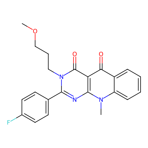 2-(4-fluorophenyl)-3-(3-methoxypropyl)-10-methylpyrimido[4,5-b]quinoline-4,5(3H,10H)-dione structure