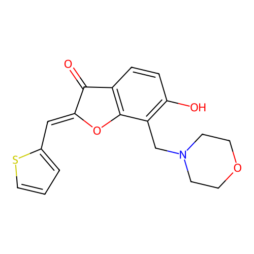 (Z)-6-hydroxy-7-(morpholinomethyl)-2-(thiophen-2-ylmethylene)benzofuran-3(2H)-one structure