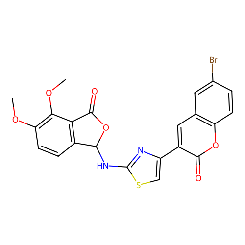 6-bromo-3-(2-((4,5-dimethoxy-3-oxo-1,3-dihydroisobenzofuran-1-yl)amino)thiazol-4-yl)-2H-chromen-2-one structure