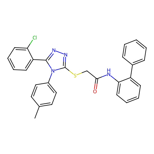 2-[[5-(2-chlorophenyl)-4-(4-methylphenyl)-1,2,4-triazol-3-yl]sulfanyl]-N-(2-phenylphenyl)acetamide structure