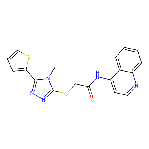 2-((4-methyl-5-(thiophen-2-yl)-4H-1,2,4-triazol-3-yl)thio)-N-(quinolin-4-yl)acetamide structure