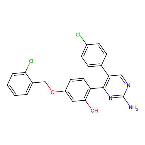 2-[2-Amino-5-(4-chlorophenyl)pyrimidin-4-yl]-5-[(2-chlorophenyl)methoxy]phenol structure