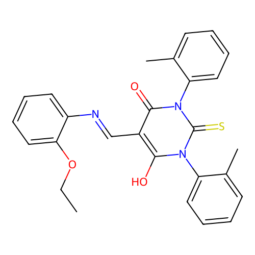 5-(((2-ethoxyphenyl)amino)methylene)-2-thioxo-1,3-di-o-tolyldihydropyrimidine-4,6(1H,5H)-dione structure