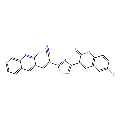 (2E)-2-[4-(6-chloro-2-oxo-2H-chromen-3-yl)-1,3-thiazol-2-yl]-3-(2-chloroquinolin-3-yl)prop-2-enenitrile structure