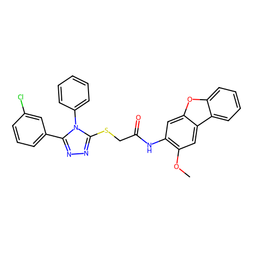 2-((5-(3-chlorophenyl)-4-phenyl-4H-1,2,4-triazol-3-yl)thio)-N-(2-methoxydibenzo[b,d]furan-3-yl)acetamide structure