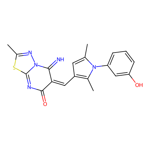 (E)-6-((1-(3-hydroxyphenyl)-2,5-dimethyl-1H-pyrrol-3-yl)methylene)-5-imino-2-methyl-5H-[1,3,4]thiadiazolo[3,2-a]pyrimidin-7(6H)-one structure