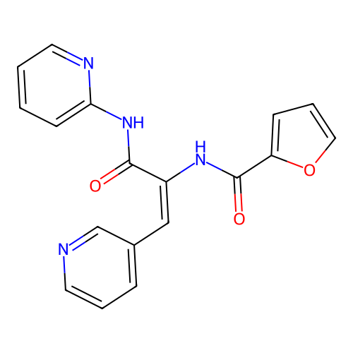 (E)-N-(3-oxo-3-(pyridin-2-ylamino)-1-(pyridin-3-yl)prop-1-en-2-yl)furan-2-carboxamide structure