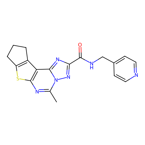 5-methyl-N-(pyridin-4-ylmethyl)-9,10-dihydro-8H-cyclopenta[4,5]thieno[3,2-e][1,2,4]triazolo[1,5-c]pyrimidine-2-carboxamide structure