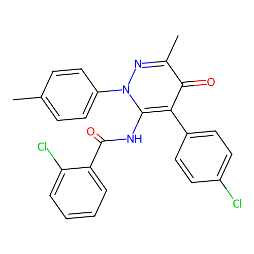 2-chloro-N-[4-(4-chlorophenyl)-6-methyl-2-(4-methylphenyl)-5-oxo-pyridazin-3-yl]benzamide structure