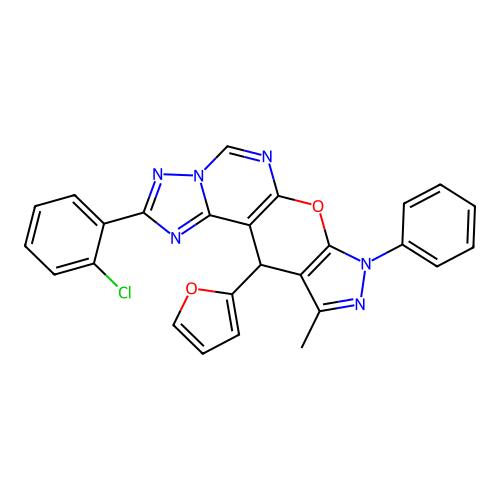 2-(2-chlorophenyl)-11-(furan-2-yl)-10-methyl-8-phenyl-8,11-dihydropyrazolo[4',3':5,6]pyrano[3,2-e][1,2,4]triazolo[1,5-c]pyrimidine structure