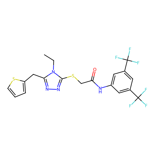 N-(3,5-bis(trifluoromethyl)phenyl)-2-((4-ethyl-5-(thiophen-2-ylmethyl)-4H-1,2,4-triazol-3-yl)thio)acetamide structure