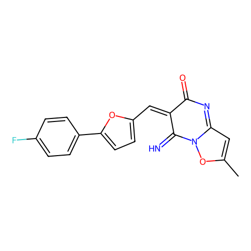 (6E)-6-[[5-(4-fluorophenyl)furan-2-yl]methylidene]-7-imino-2-methyl-[1,2]oxazolo[2,3-a]pyrimidin-5-one structure
