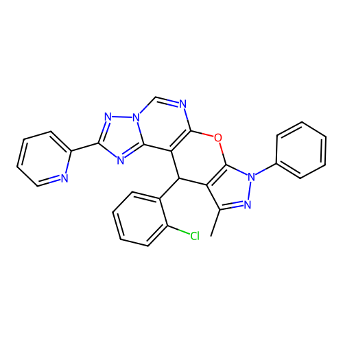 11-(2-chlorophenyl)-10-methyl-8-phenyl-2-(pyridin-2-yl)-8,11-dihydropyrazolo[4',3':5,6]pyrano[3,2-e][1,2,4]triazolo[1,5-c]pyrimidine structure