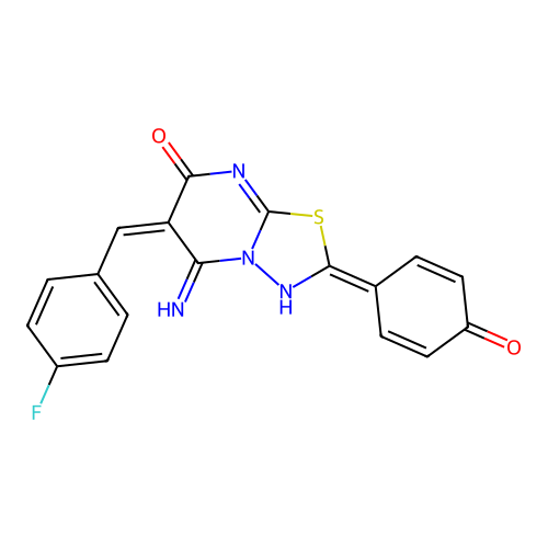 (E)-6-(4-fluorobenzylidene)-2-(4-hydroxyphenyl)-5-imino-5H-[1,3,4]thiadiazolo[3,2-a]pyrimidin-7(6H)-one structure