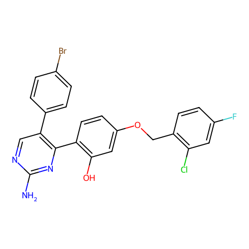 2-[2-amino-5-(4-bromophenyl)-4-pyrimidinyl]-5-[(2-chloro-4-fluorobenzyl)oxy]phenol structure
