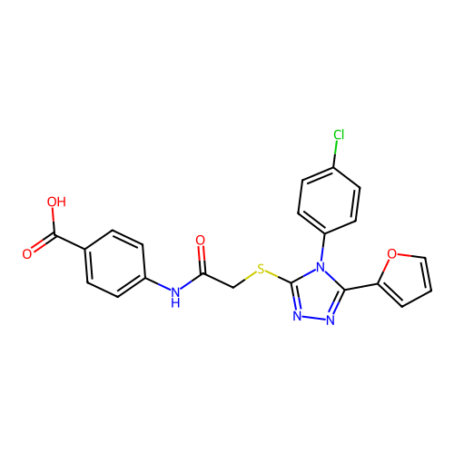 4-(2-((4-(4-chlorophenyl)-5-(furan-2-yl)-4H-1,2,4-triazol-3-yl)thio)acetamido)benzoic acid structure