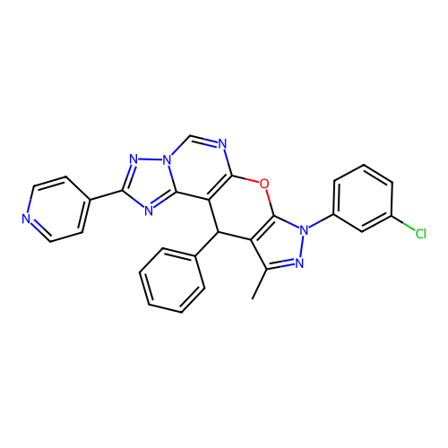 8-(3-chlorophenyl)-10-methyl-11-phenyl-2-(pyridin-4-yl)-8,11-dihydropyrazolo[4',3':5,6]pyrano[3,2-e][1,2,4]triazolo[1,5-c]pyrimidine structure