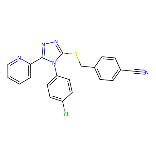 4-({[4-(4-chlorophenyl)-5-(pyridin-2-yl)-4H-1,2,4-triazol-3-yl]sulfanyl}methyl)benzonitrile structure
