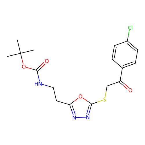 tert-butyl (2-(5-((2-(4-chlorophenyl)-2-oxoethyl)thio)-1,3,4-oxadiazol-2-yl)ethyl)carbamate structure