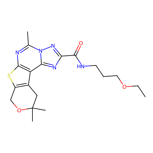 N-(3-ethoxypropyl)-5,10,10-trimethyl-10,11-dihydro-8H-pyrano[4',3':4,5]thieno[3,2-e][1,2,4]triazolo[1,5-c]pyrimidine-2-carboxamide structure