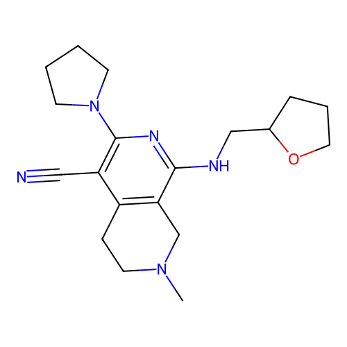 7-methyl-1-(oxolan-2-ylmethylamino)-3-pyrrolidin-1-yl-6,8-dihydro-5H-2,7-naphthyridine-4-carbonitrile structure