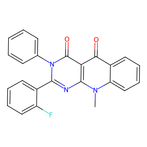 2-(2-fluorophenyl)-10-methyl-3-phenylpyrimido[4,5-b]quinoline-4,5(3H,10H)-dione structure