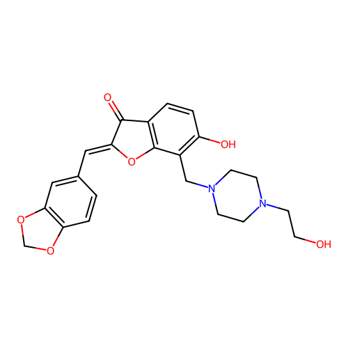 (Z)-2-(benzo[d][1,3]dioxol-5-ylmethylene)-6-hydroxy-7-((4-(2-hydroxyethyl)piperazin-1-yl)methyl)benzofuran-3(2H)-one structure