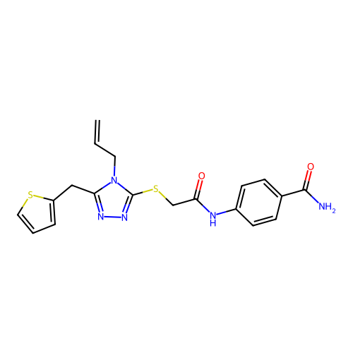 4-(2-((4-allyl-5-(thiophen-2-ylmethyl)-4H-1,2,4-triazol-3-yl)thio)acetamido)benzamide structure