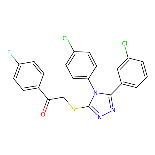 2-[[5-(3-chlorophenyl)-4-(4-chlorophenyl)-1,2,4-triazol-3-yl]sulfanyl]-1-(4-fluorophenyl)ethanone structure