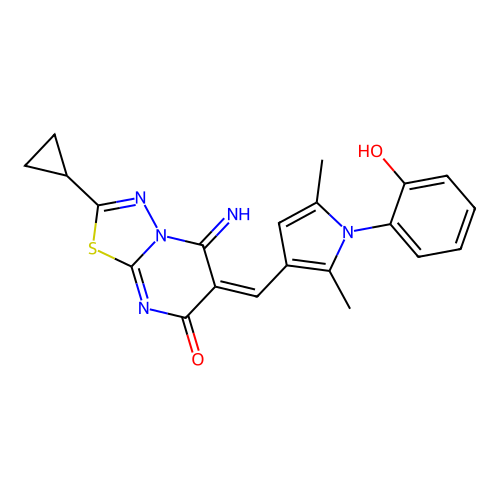 (E)-2-cyclopropyl-6-((1-(2-hydroxyphenyl)-2,5-dimethyl-1H-pyrrol-3-yl)methylene)-5-imino-5H-[1,3,4]thiadiazolo[3,2-a]pyrimidin-7(6H)-one structure