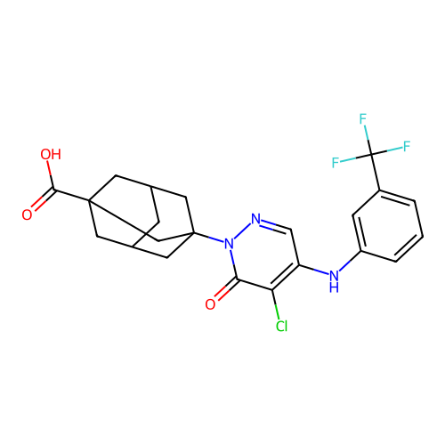 (1r,3r)-3-(5-chloro-6-oxo-4-((3-(trifluoromethyl)phenyl)amino)pyridazin-1(6H)-yl)adamantane-1-carboxylic acid structure