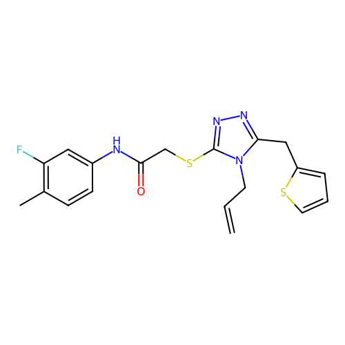N-(3-fluoro-4-methylphenyl)-2-{[4-(prop-2-en-1-yl)-5-(thiophen-2-ylmethyl)-4H-1,2,4-triazol-3-yl]sulfanyl}acetamide structure