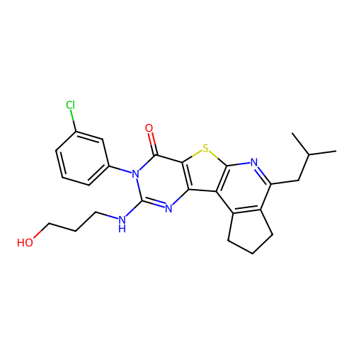 8-(3-chlorophenyl)-9-((3-hydroxypropyl)amino)-4-isobutyl-2,3-dihydro-1H-cyclopenta[4',5']pyrido[3',2':4,5]thieno[3,2-d]pyrimidin-7(8H)-one structure