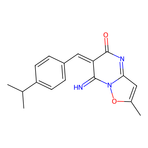 (6E)-7-imino-2-methyl-6-[(4-propan-2-ylphenyl)methylidene]-[1,2]oxazolo[2,3-a]pyrimidin-5-one structure