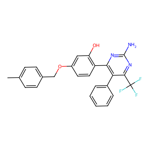 2-(2-amino-5-phenyl-6-(trifluoromethyl)pyrimidin-4-yl)-5-((4-methylbenzyl)oxy)phenol structure