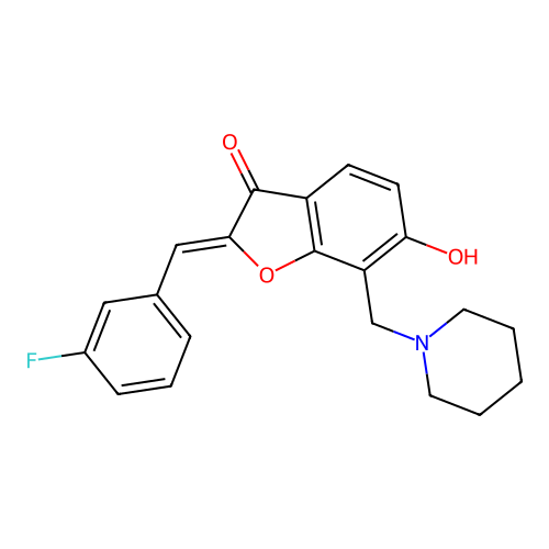 (Z)-2-(3-fluorobenzylidene)-6-hydroxy-7-(piperidin-1-ylmethyl)benzofuran-3(2H)-one structure
