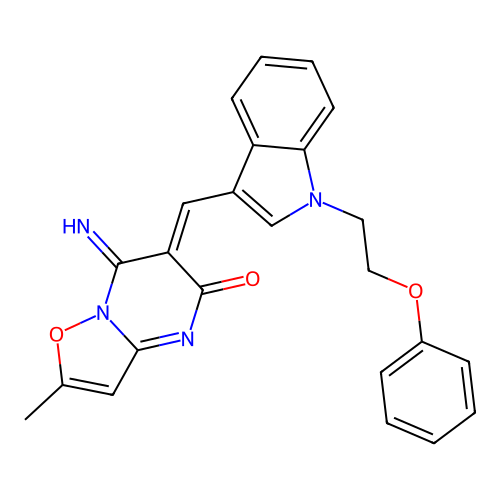 (6Z)-7-imino-2-methyl-6-[[1-(2-phenoxyethyl)indol-3-yl]methylidene]-[1,2]oxazolo[2,3-a]pyrimidin-5-one structure