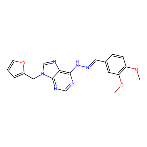 6-[(2E)-2-(3,4-dimethoxybenzylidene)hydrazinyl]-9-(furan-2-ylmethyl)-9H-purine structure