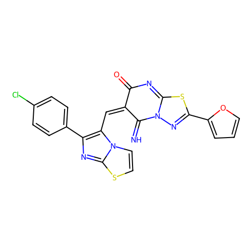 (6E)-6-[[6-(4-chlorophenyl)imidazo[2,1-b][1,3]thiazol-5-yl]methylidene]-2-(furan-2-yl)-5-imino-[1,3,4]thiadiazolo[3,2-a]pyrimidin-7-one structure