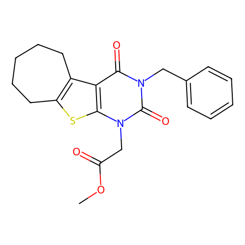 methyl (3-benzyl-2,4-dioxo-3,4,6,7,8,9-hexahydro-2H-cyclohepta[4,5]thieno[2,3-d]pyrimidin-1(5H)-yl)acetate structure