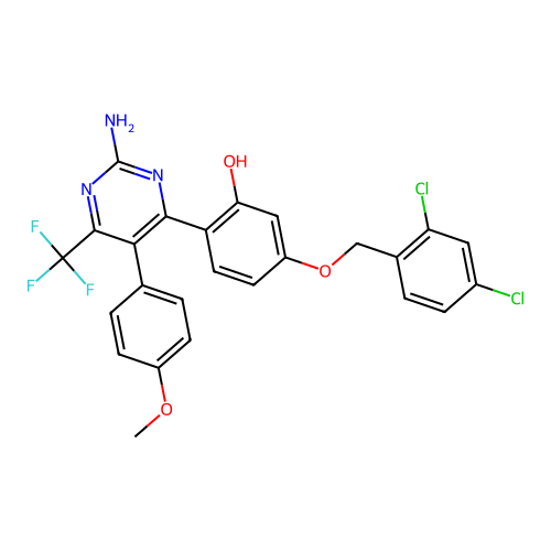 2-[2-amino-5-(4-methoxyphenyl)-6-(trifluoromethyl)-4-pyrimidinyl]-5-[(2,4-dichlorobenzyl)oxy]phenol structure