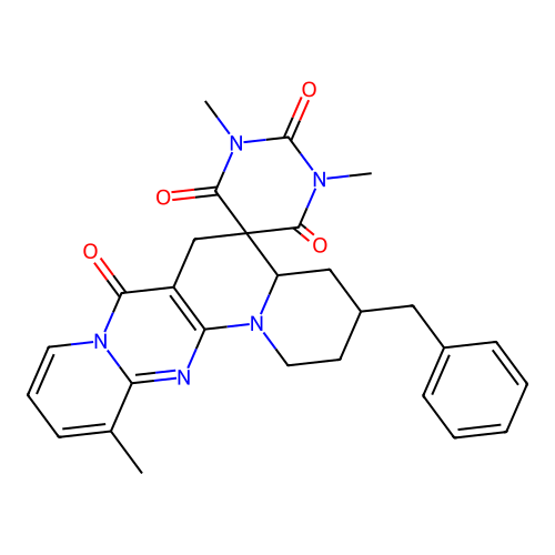 3-benzyl-1',3',12-trimethyl-2,3,4,4a-tetrahydro-1H,1'H-spiro[pyrido[1',2':1,2]pyrimido[5,4-c]quinolizine-5,5'-pyrimidine]-2',4',6',7(3'H,6H)-tetraone structure