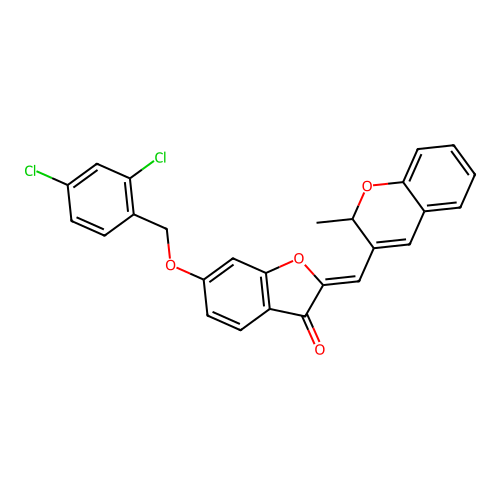 (Z)-6-((2,4-dichlorobenzyl)oxy)-2-((2-methyl-2H-chromen-3-yl)methylene)benzofuran-3(2H)-one structure