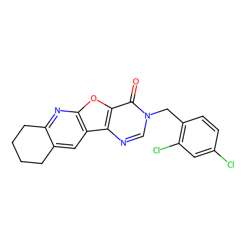 3-(2,4-dichlorobenzyl)-7,8,9,10-tetrahydropyrimido[4',5':4,5]furo[2,3-b]quinolin-4(3H)-one structure