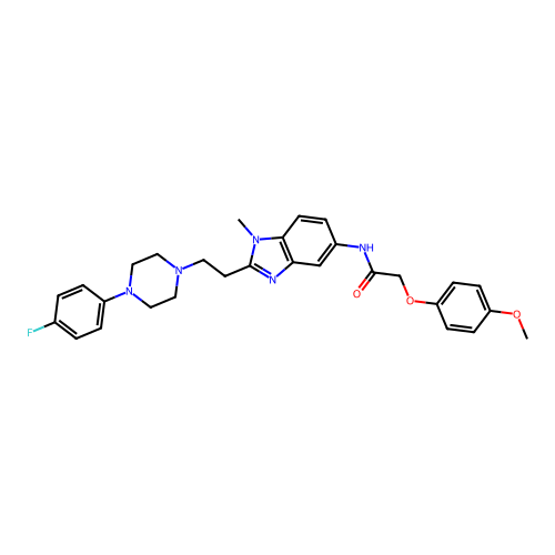 N-(2-(2-(4-(4-fluorophenyl)piperazin-1-yl)ethyl)-1-methyl-1H-benzo[d]imidazol-5-yl)-2-(4-methoxyphenoxy)acetamide structure