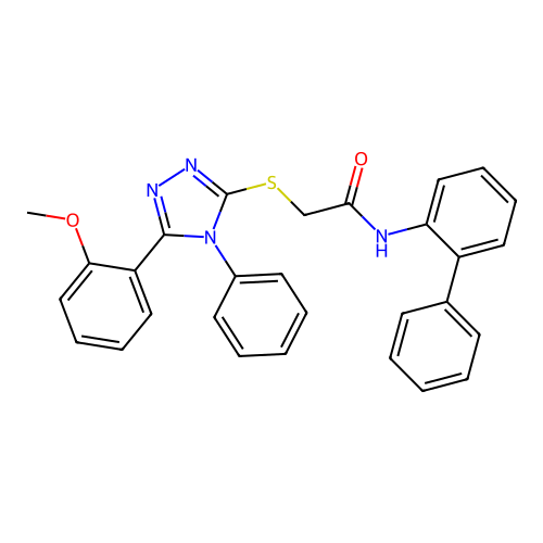 2-[[5-(2-methoxyphenyl)-4-phenyl-1,2,4-triazol-3-yl]sulfanyl]-N-(2-phenylphenyl)acetamide structure