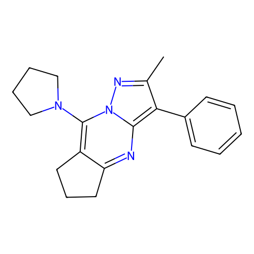 2-methyl-3-phenyl-8-(pyrrolidin-1-yl)-6,7-dihydro-5H-cyclopenta[d]pyrazolo[1,5-a]pyrimidine structure