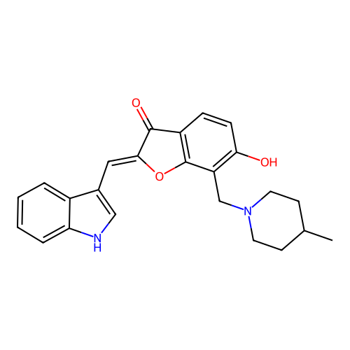 (2Z)-6-hydroxy-2-(1H-indol-3-ylmethylidene)-7-[(4-methylpiperidin-1-yl)methyl]-1-benzofuran-3(2H)-one structure